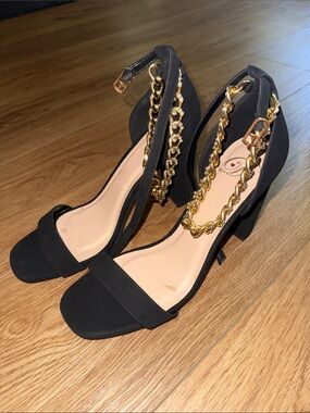 Aldo Black Block Heels with Gold Chain Ankle Detail